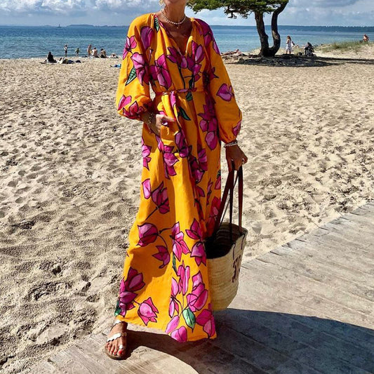 Robe de plage imprimée pour femmes, col en V, décontractée, vacances, automne et printemps