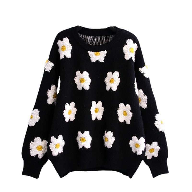 Otoño Invierno Casual Little Daisy bordado negro blanco contraste Color cuello redondo jersey de manga larga