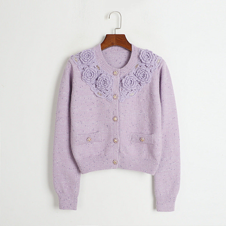 Hand Crochet Three Dimensional Floral Round Neck Cardigan Early Spring Gentle Single Breasted Sweater