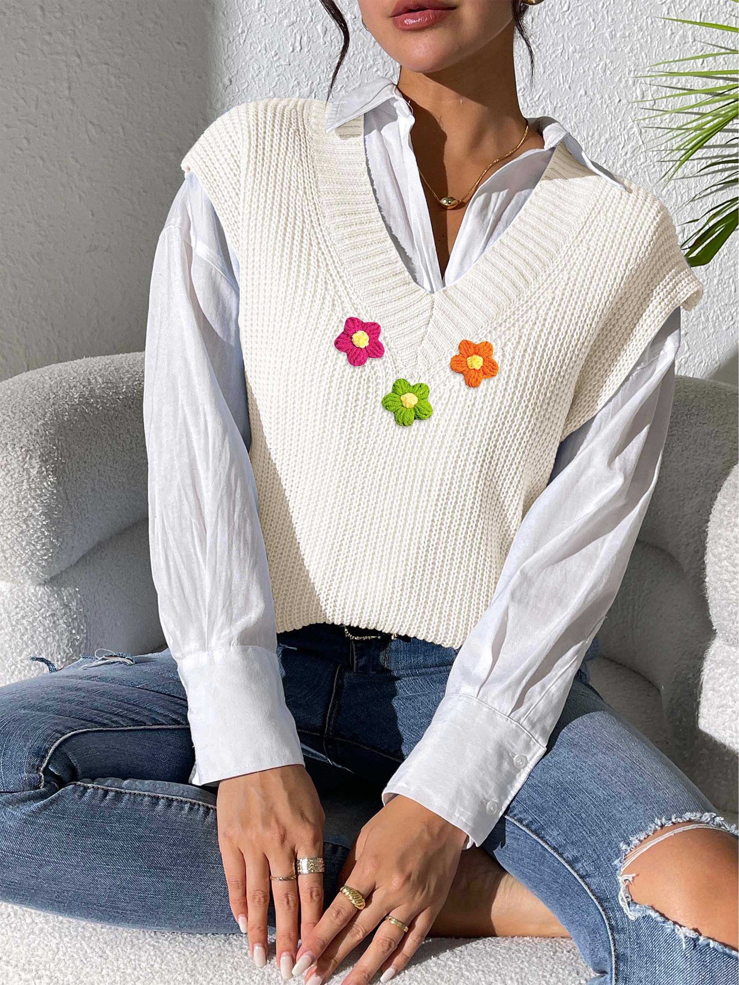 Women Vest Women Clothing Spring Autumn V Neck Simple Vest Hand Crocheted Stitching Woven Sweater Waistcoat