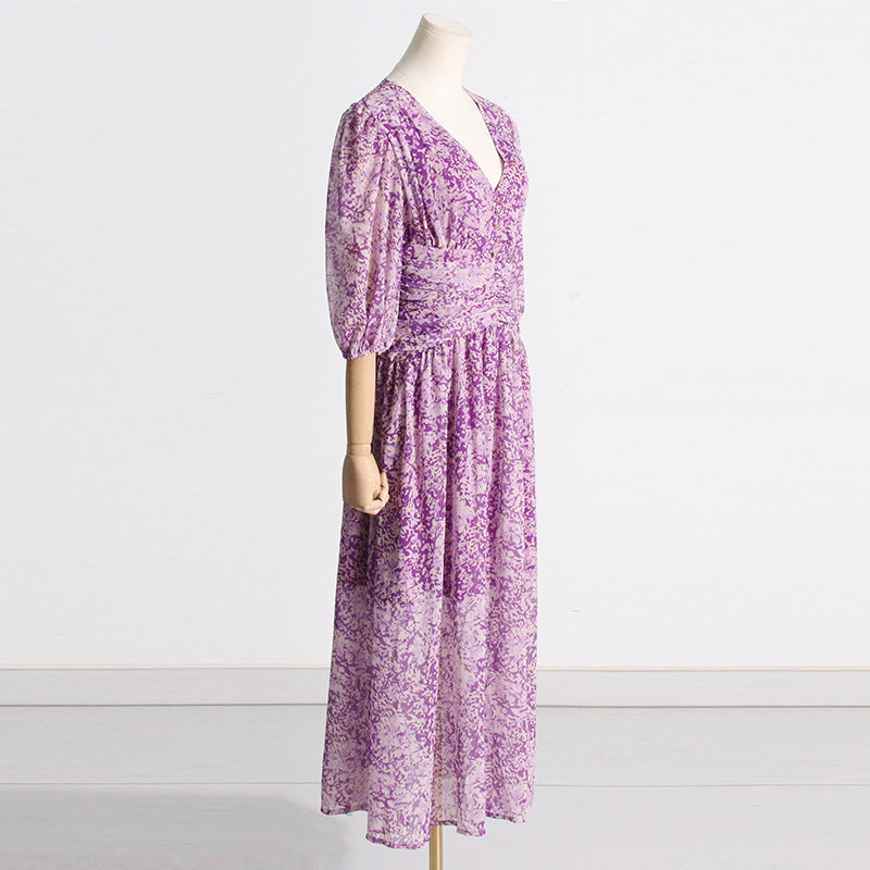 Summer Purple Printed Waist Controlled Slimming Puff Sleeve Design Dress