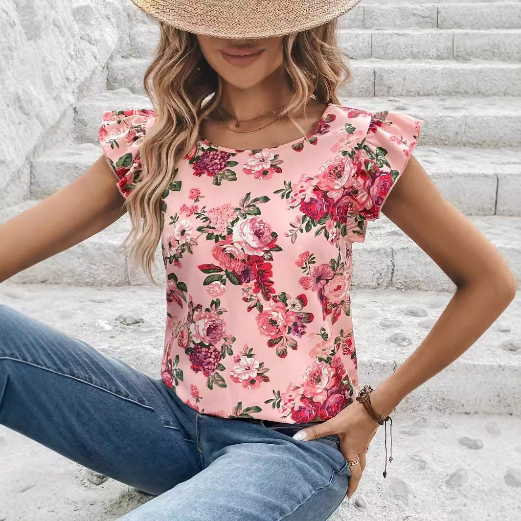 Camisa de mujer de manga corta con estampado floral de verano