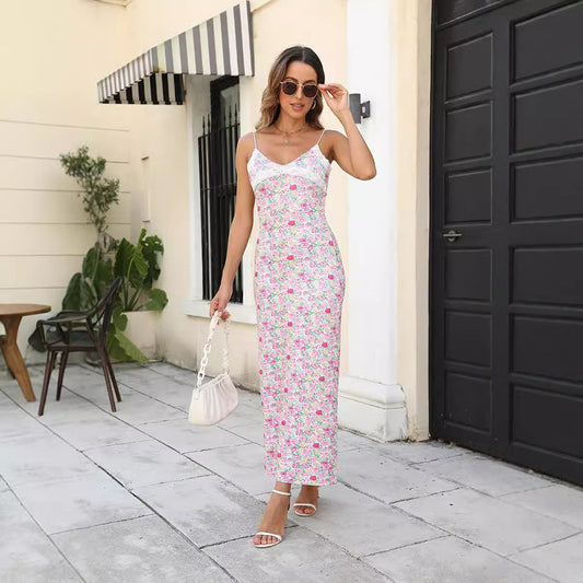 Vestido de verano con escote en V y encaje para mujer, vestido sexy con tirantes y estampado floral