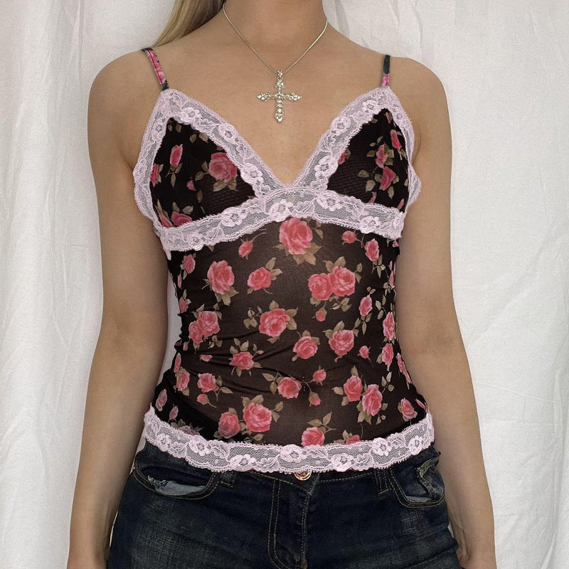 Camisole en maille et dentelle imprimée Rose, vacances françaises, Sexy, rétro, Sexy, transparent, Slim, gilet