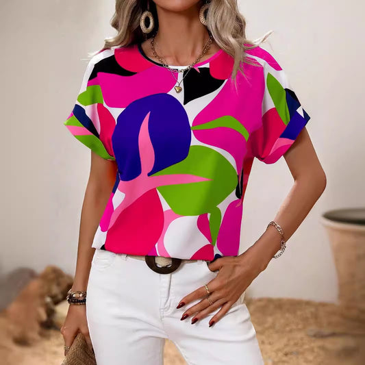 Ropa de mujer Blusa de manga corta con cuello en U multicolor estampada de verano para mujer