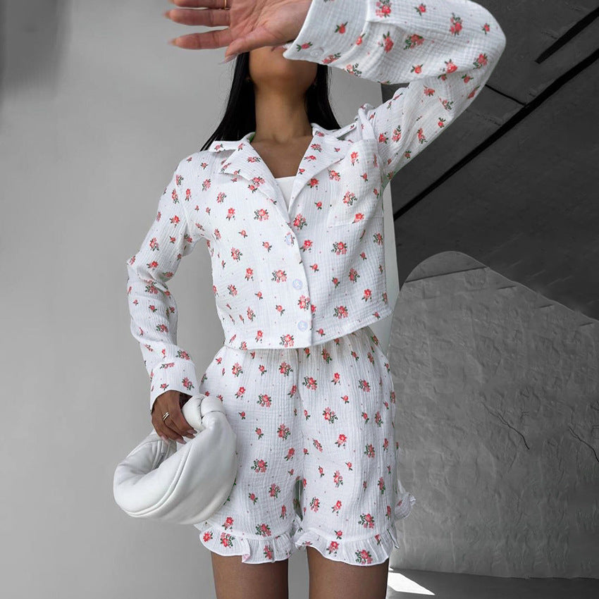 Short à volants à manches longues et imprimé motif d'été en pur coton deux pièces doux pour la maison pour femmes