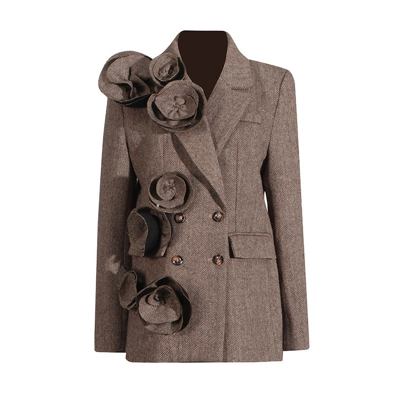 Blazer croisé pour femme, fait à la main, avec coutures décoratives florales tridimensionnelles, pour le bureau d'automne