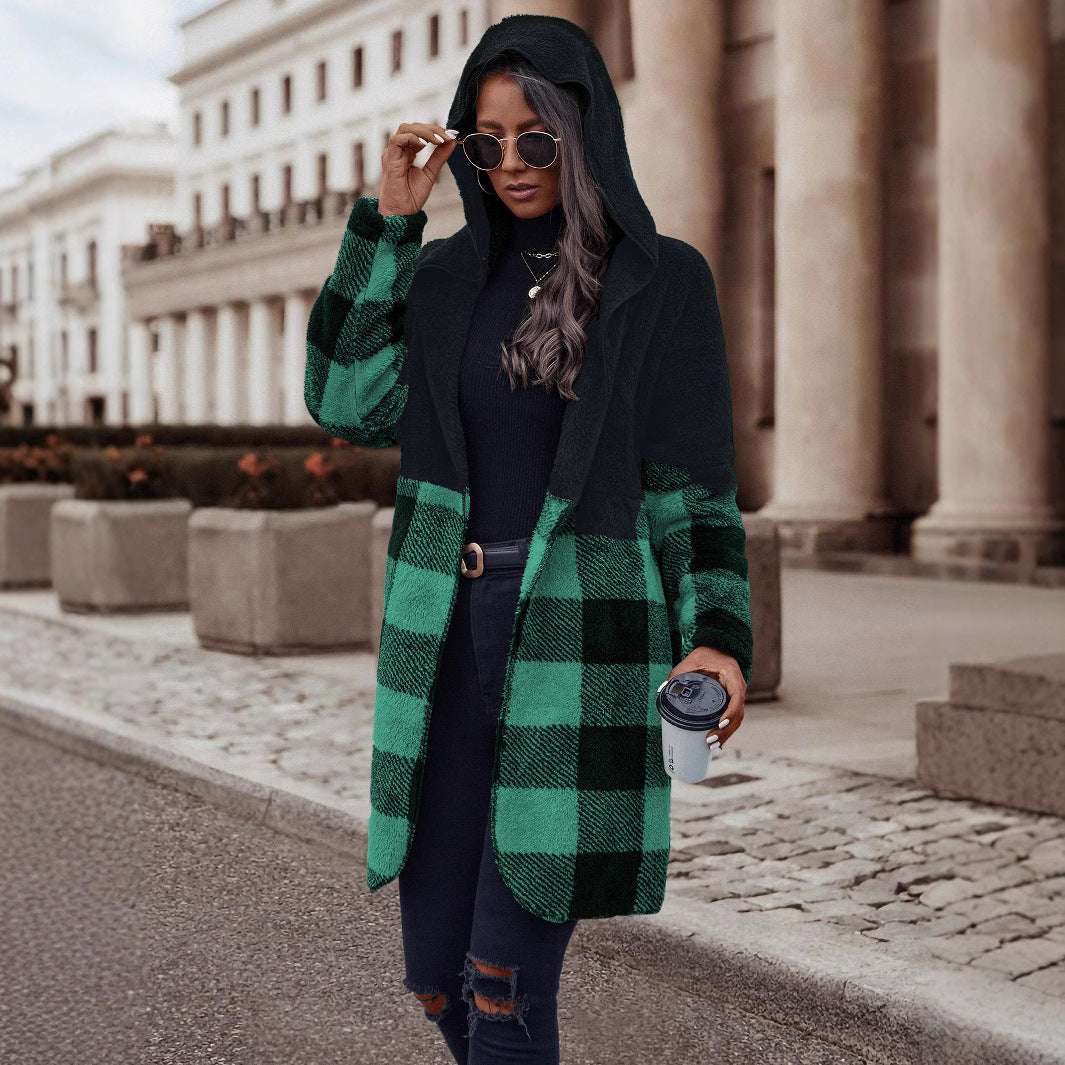 Autumn Winter Hooded Plush Plaid Coat Loose Mid Length Coat