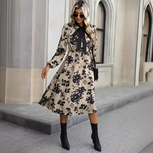 Robe élégante à taille serrée pour femme, printemps-automne, motif floral, vêtements pour femmes