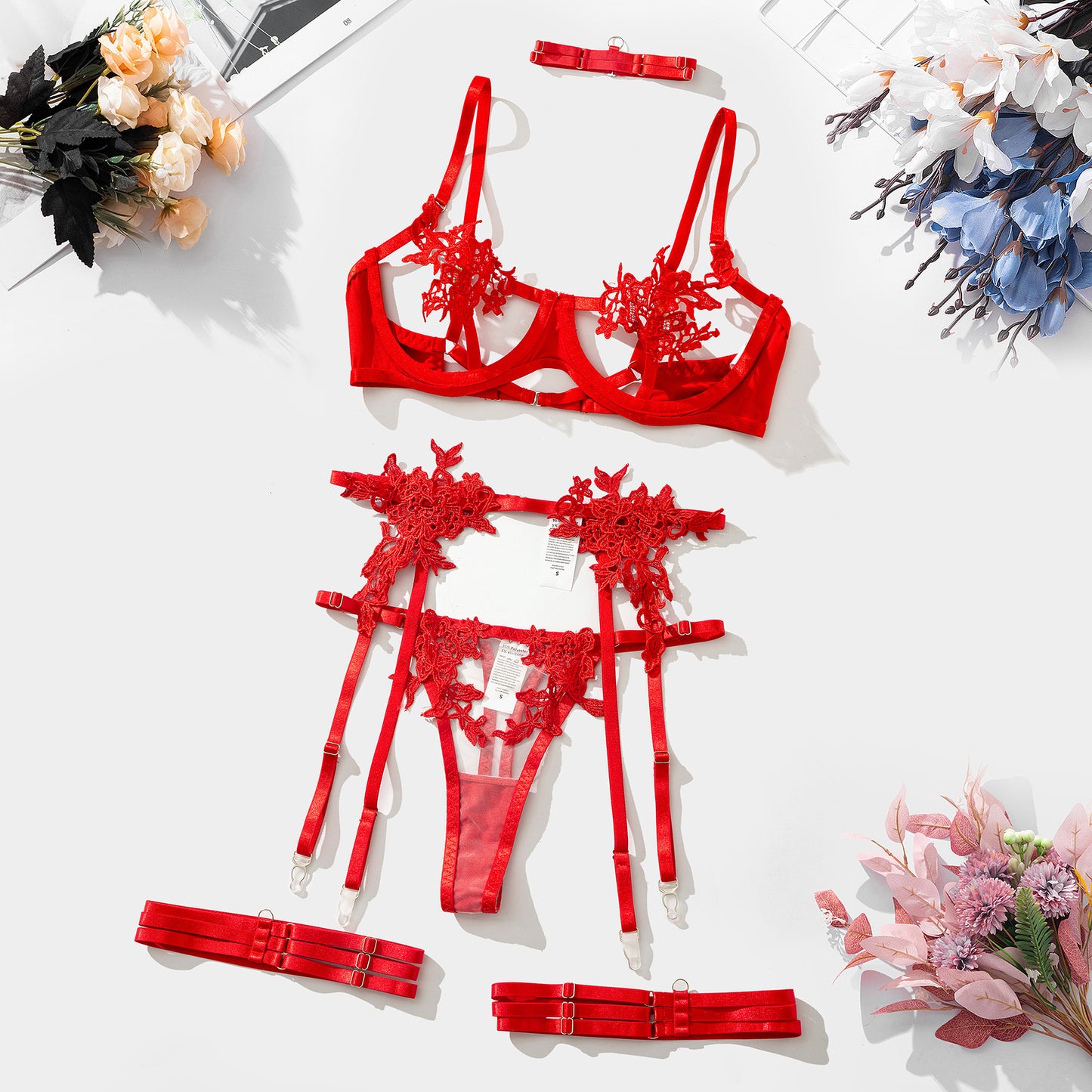 Ensemble de soutien-gorge brodé en maille pour filles, vêtements floraux solubles dans l'eau, transparent, sous-vêtements Sexy haut de gamme