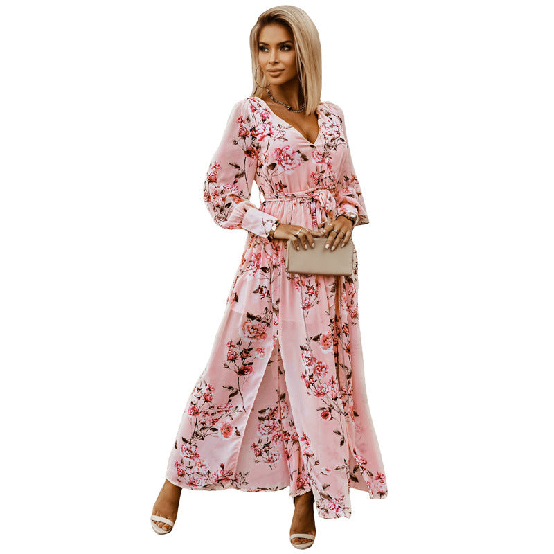 Long Sleeved Floral Printed Dress Spring Summer Waist Trimming Slimming Bohemian Dress