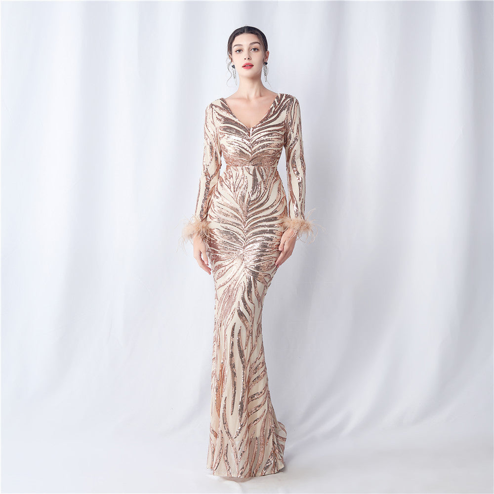 Craft Order Ostrich Feather Positioning Floral Cut Long Sleeve Sequin Evening Dress