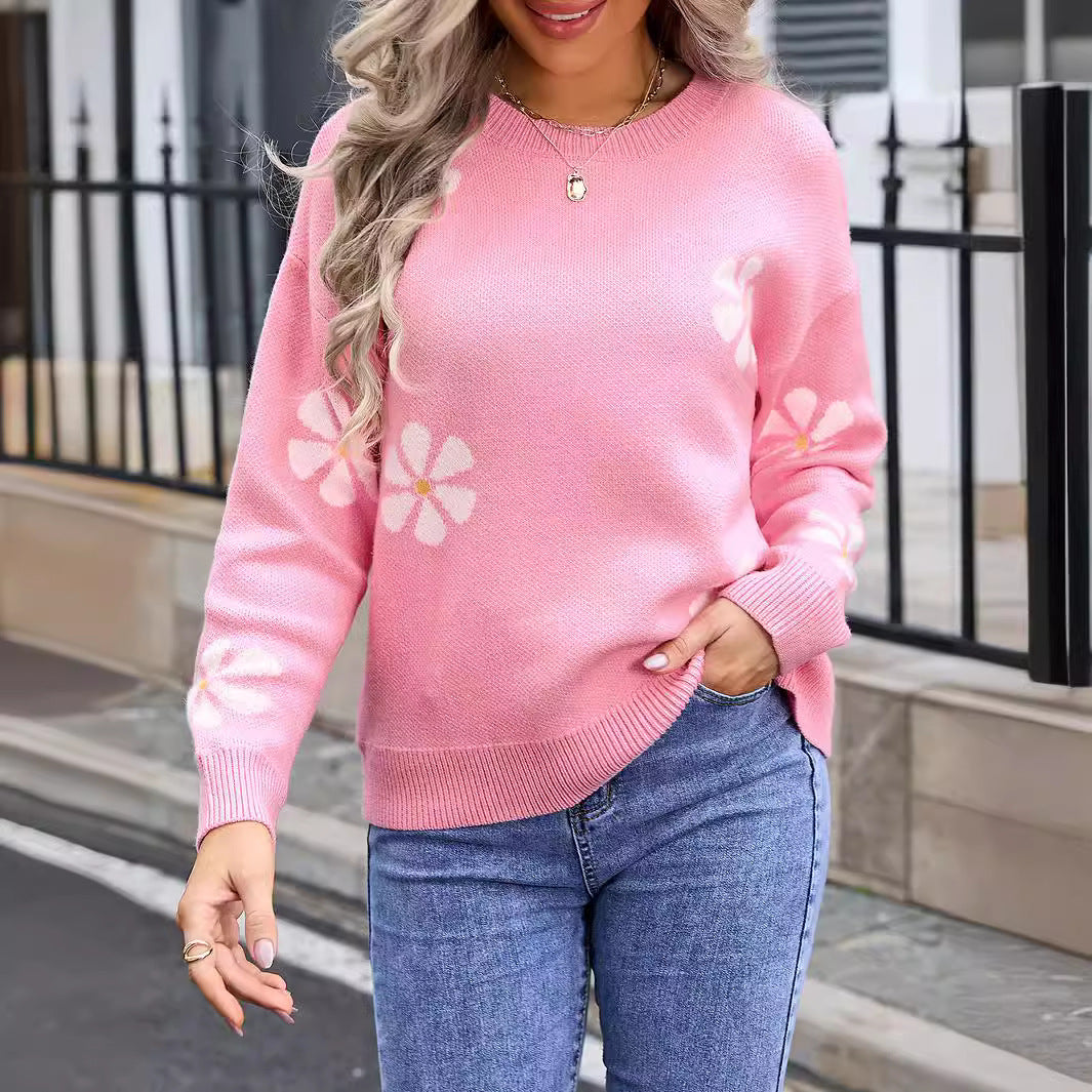 Autumn Winter Women Sweater Knitwear Contrast Color Floral Sweater