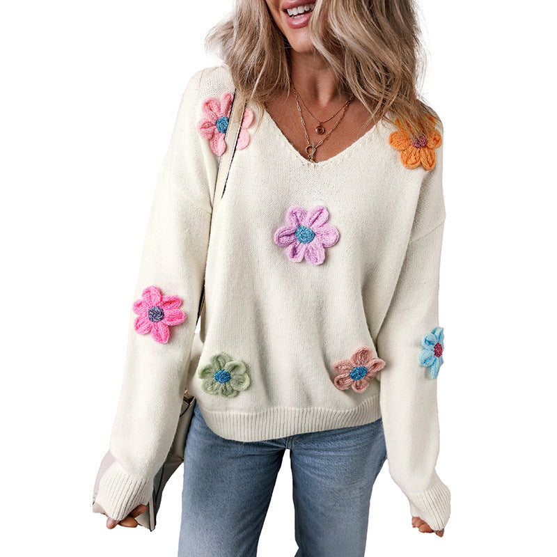 Suéter de cuello en V de crochet con flores de invierno para mujer, prendas de punto divertidas para mujeres jóvenes