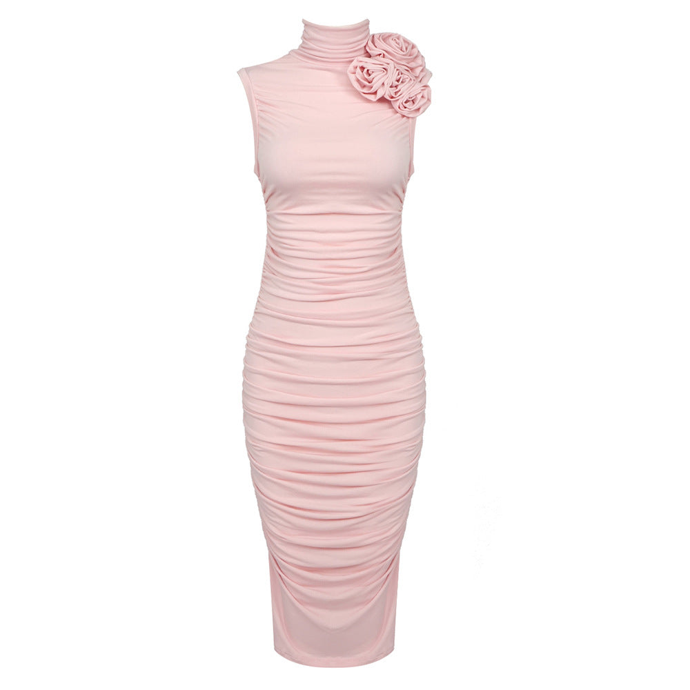 Summer Pink Sleeveless Floral Pleated Hip Sexy Women Clothing Stretch Dress