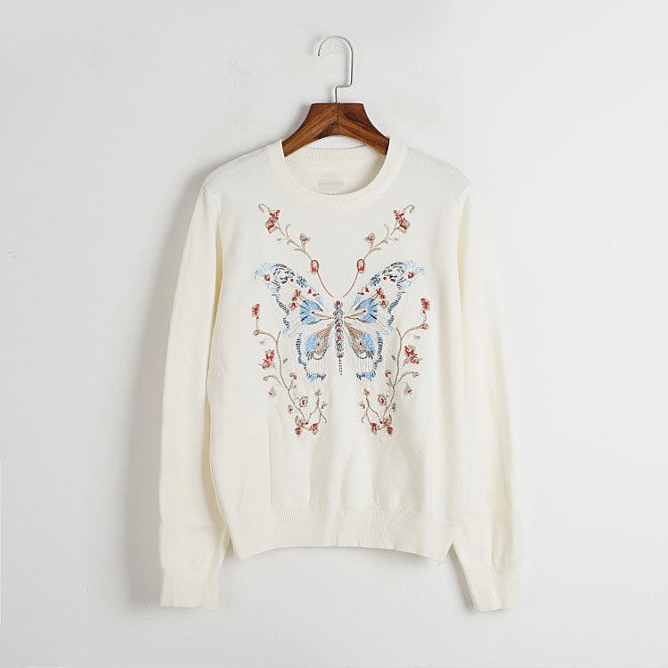 Automne Hiver Heavy Industry Papillon Floral Crochet Broderie Tricot Haut Élégance Rétro Artistique Tout Match Pull Femmes