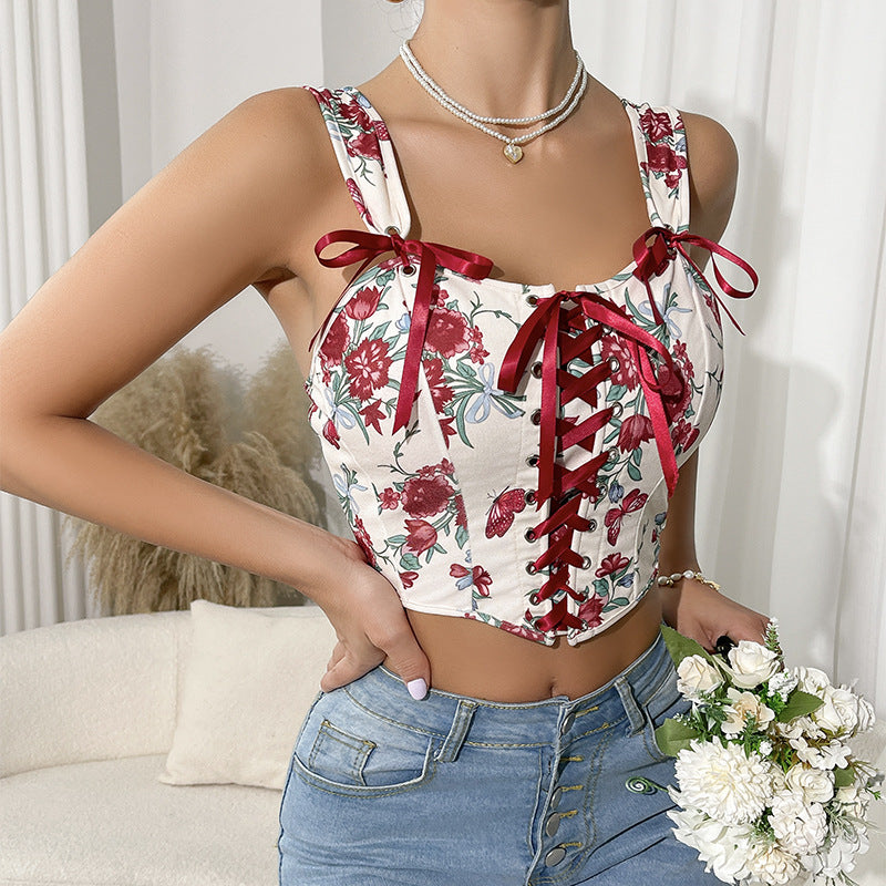 Arrival Printed Sexy Short Lace up Corset Floral Spaghetti Strap Camisole Top