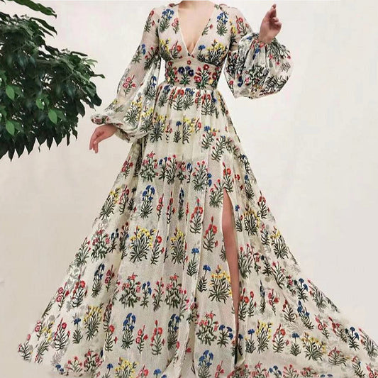 Dress Bohemian Vintage Pattern Colorful Embroidered Sexy Loose Maxi Dress