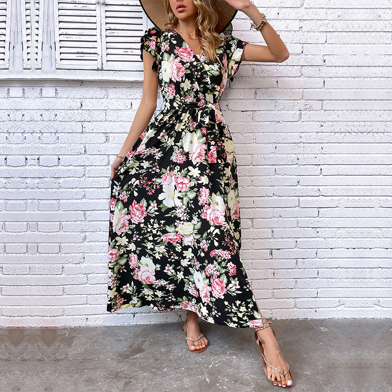 Vestido de verano de mujer con abertura y largo medio con estampado floral