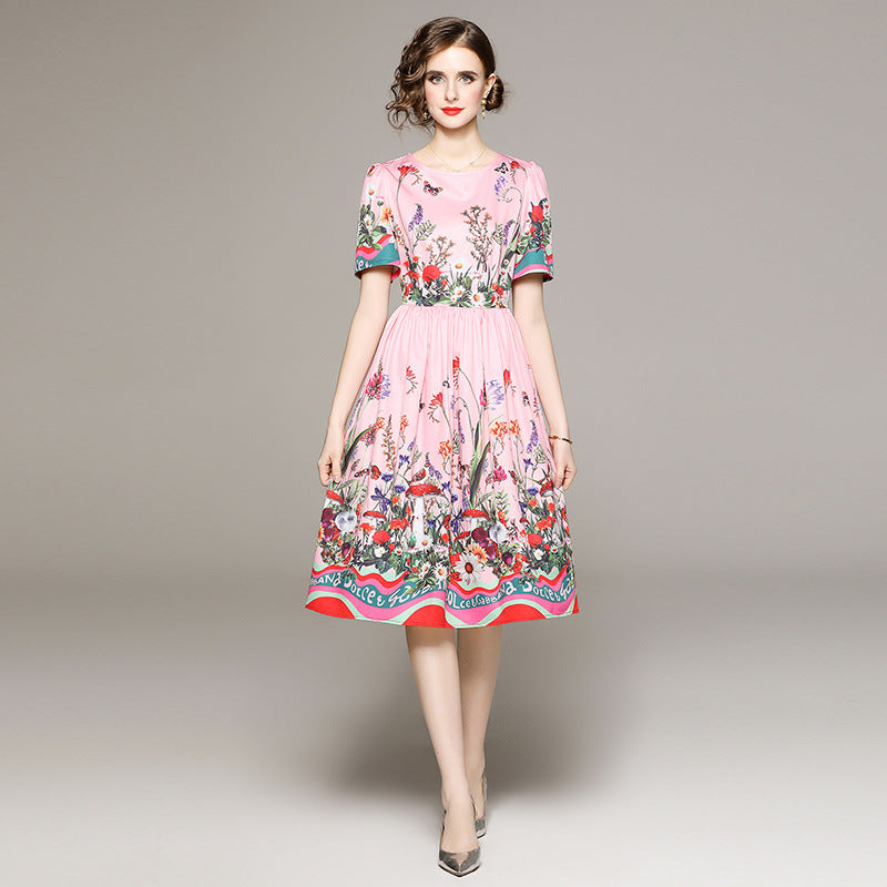 Age-reducing Floral Printed Short Sleeve Dress With Lining