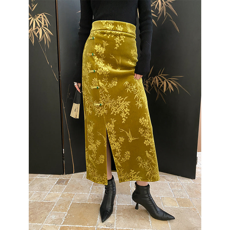 Cheongsam Frog Button National Bamboo Jacquard Thickened Side Slit Velvet Skirt