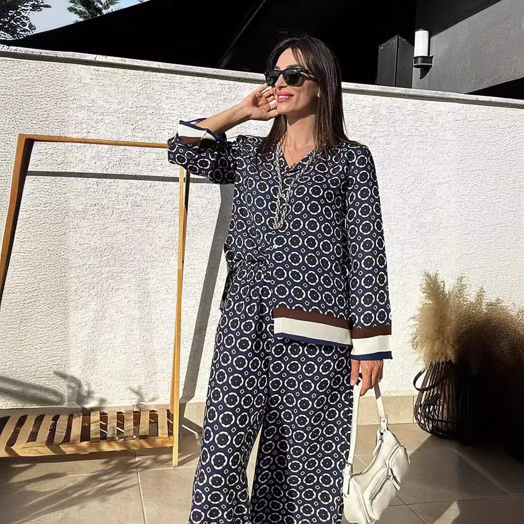 Casual Set Positioning Printing Long Sleeved Shirt High Waist Trousers Two Piece Set Women