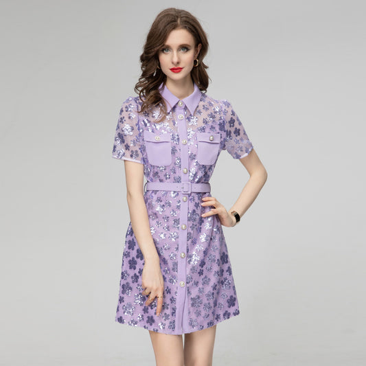 Lapel Short Sleeve Plaid Sequin Fashion Dress