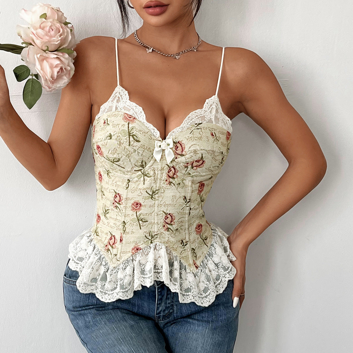 Women Clothing Vintage Jacquard Niche Stitching Sexy Lace Lace Spaghetti Strap Vest