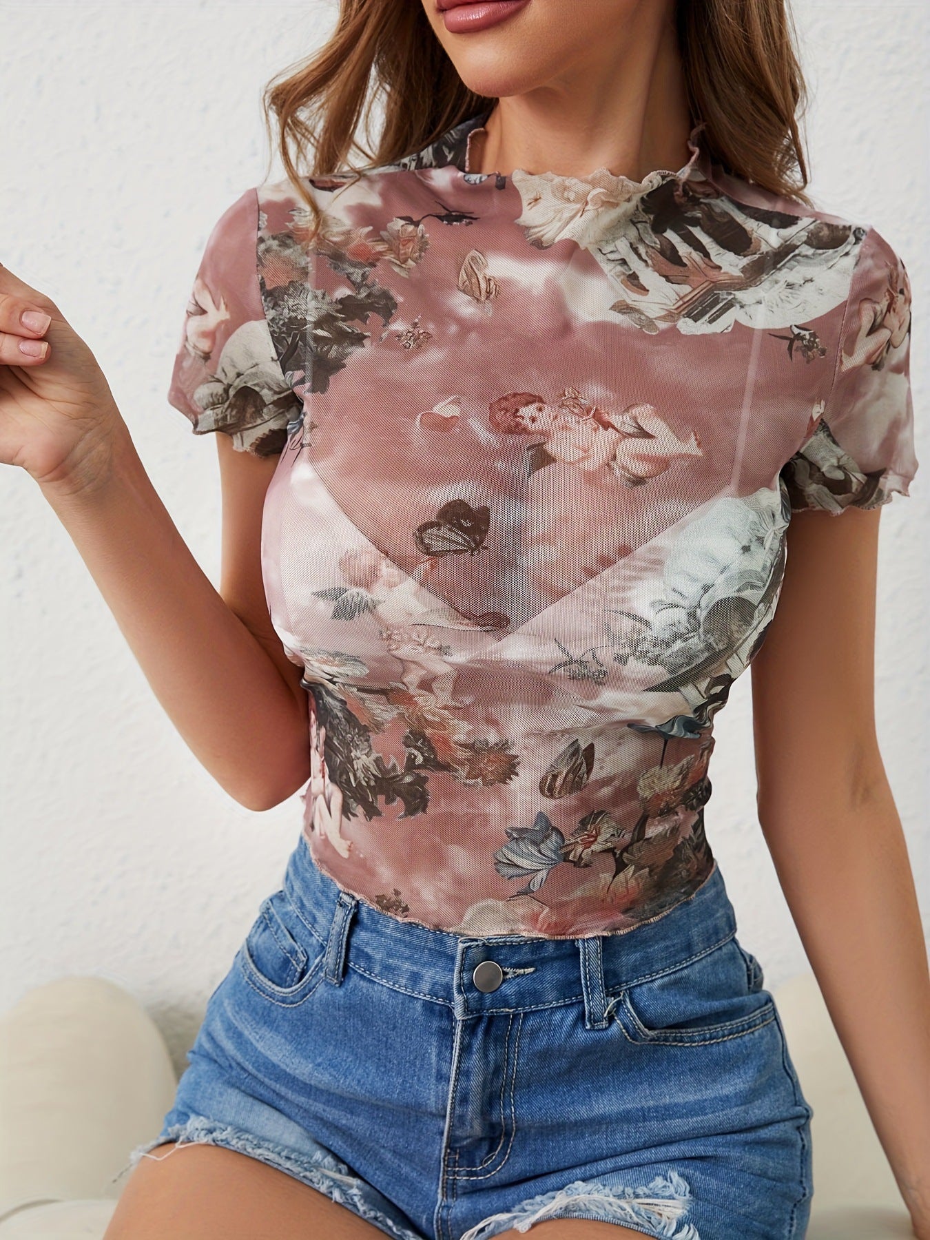 T-shirt à manches courtes en maille élégante à imprimé floral et à lisière filiforme Haut amincissant Vêtements pour femmes