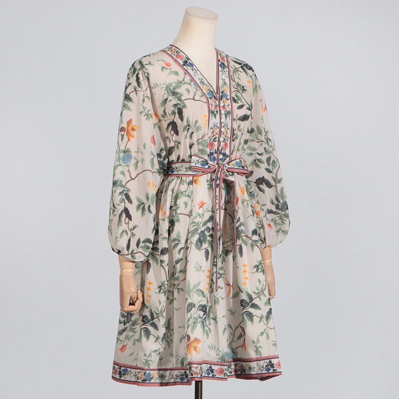 Robe élégante d'automne imprimée à lacets avec décolleté en V profond et taille haute pour femme