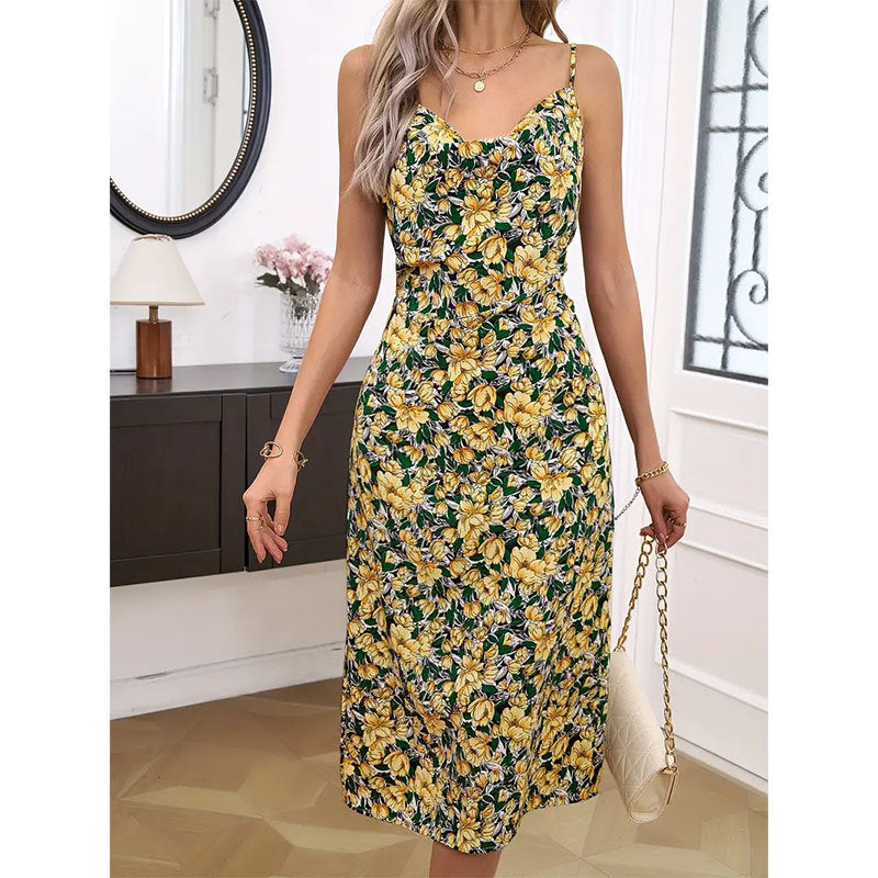 Ropa de mujer Vestido elegante de verano con cuello drapeado y tirantes florales pequeños Vestido camisero estampado Vestido largo