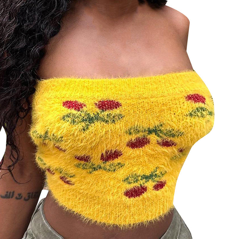 Knitted Plush Floral Tube Top Autumn Sexy Sexy Slim Fit Inner Wear Sweater Vest