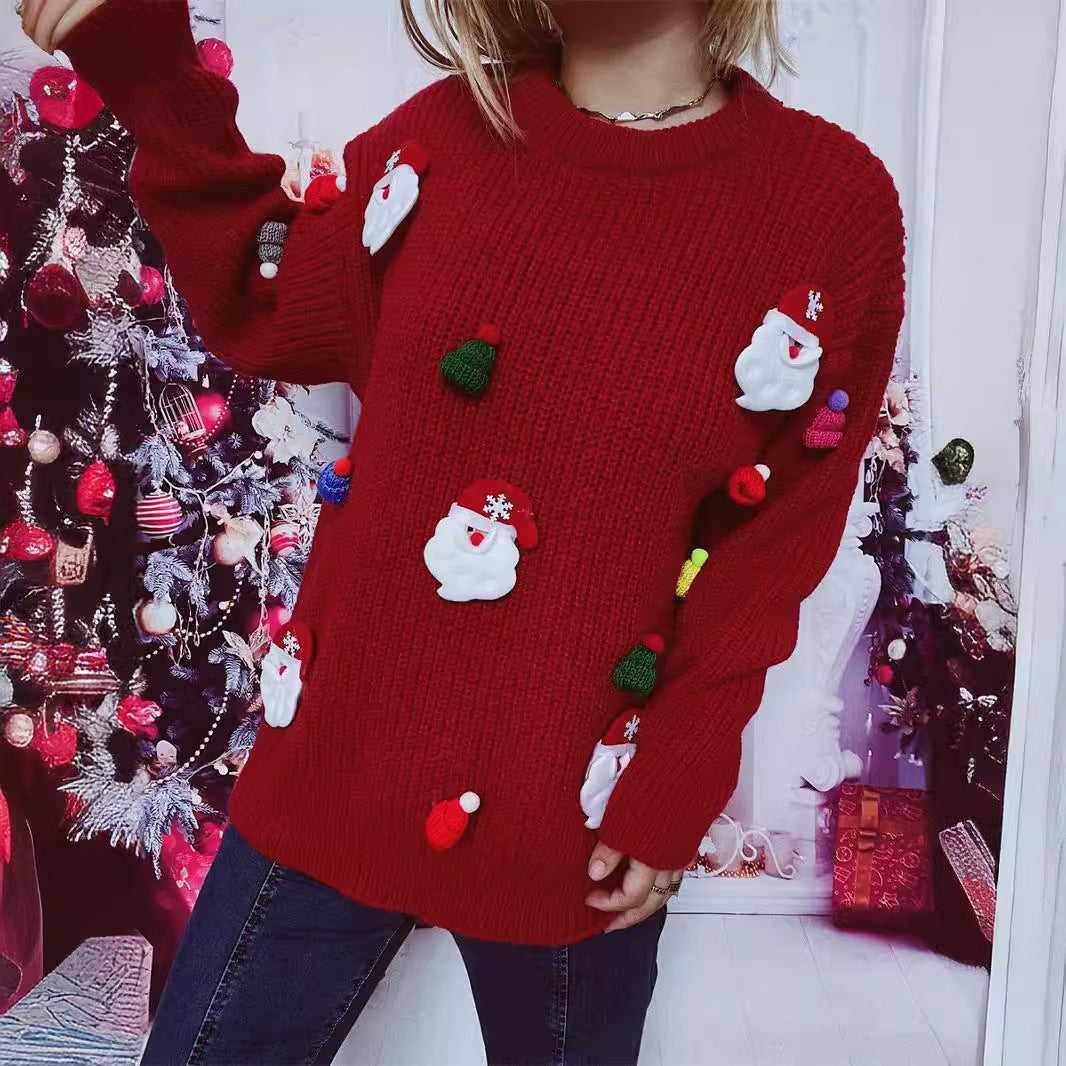 Year Sweater Cute Santa Claus Three Dimensional Decoration round Neck Long Sleeve Knitted Pullover