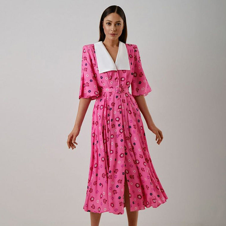 Vestido elegante de mujer con estampado floral, abertura en la cintura, corte A, manga corta, cuello de muñeca