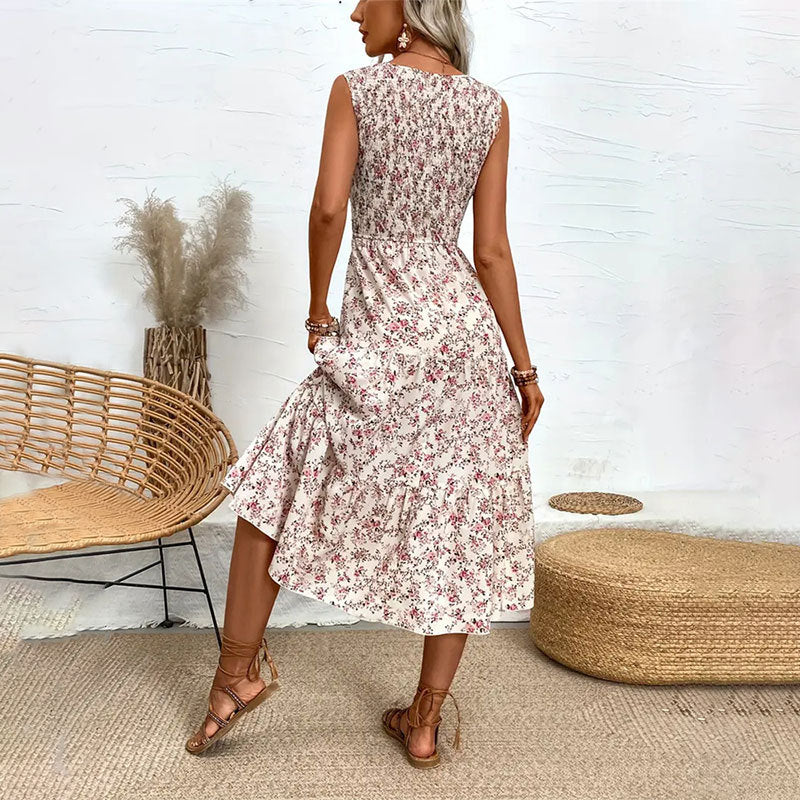 Vestido largo sin mangas ajustado con volantes y estampado Floral para mujer, vestido largo con gradas de diseño para primavera y verano, sin cinturón