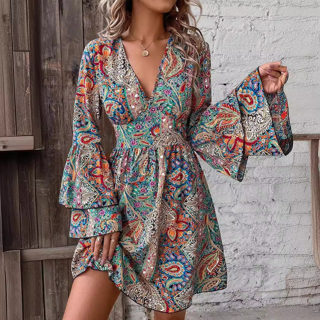 Autumn Winter Elegant Women Floral Print V neck Flare Sleeve Dress