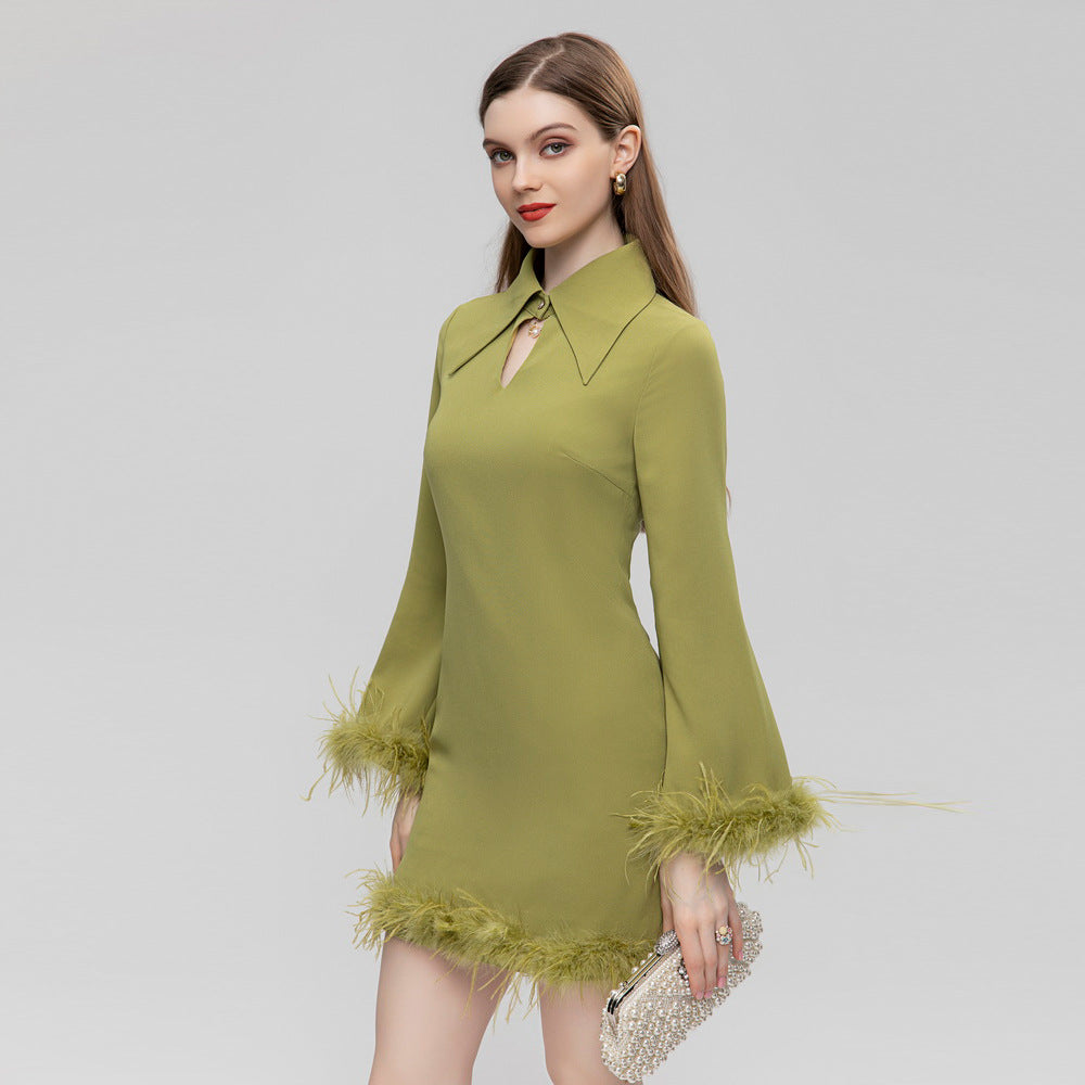 Lapel Feather Long Sleeve Dress