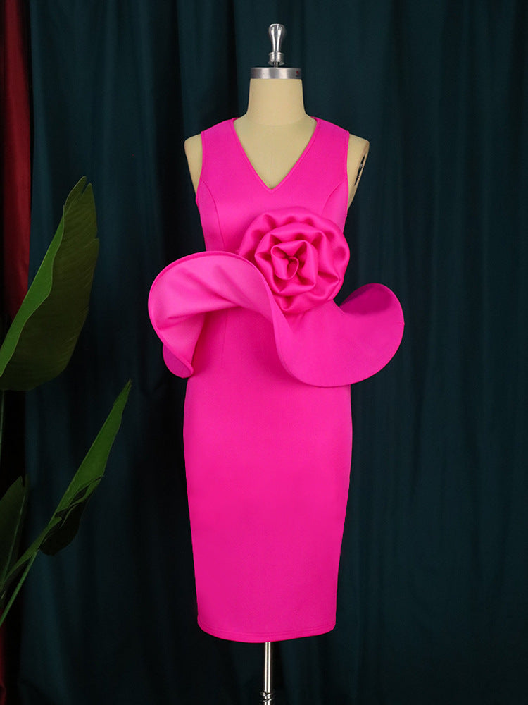 Robe de soirée moulante et sexy à volants et col en V pour femme, sans manches, coupe ajustée, motif floral, style mondain, rose 3D