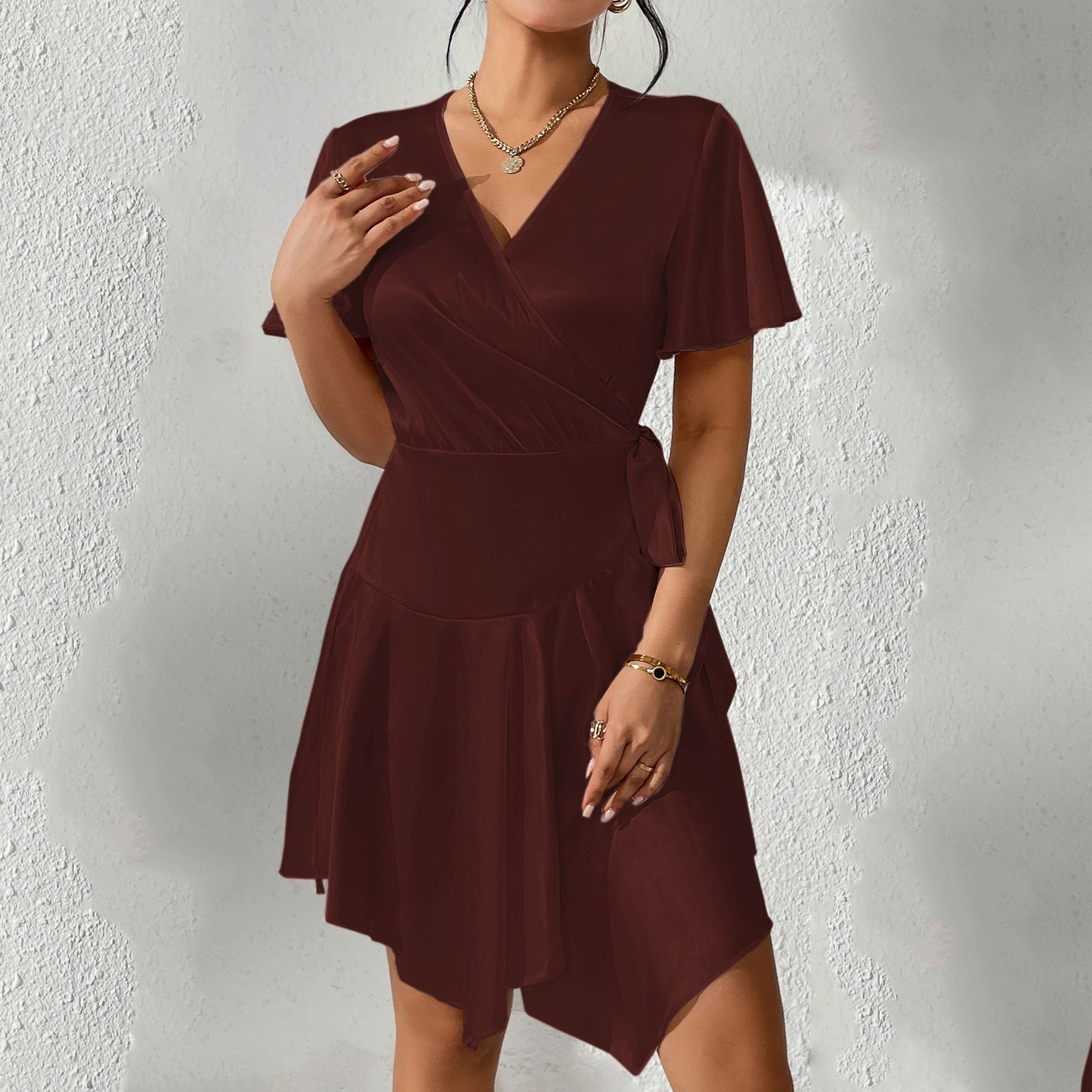 Vestido informal de verano con escote en V y manga corta para mujer