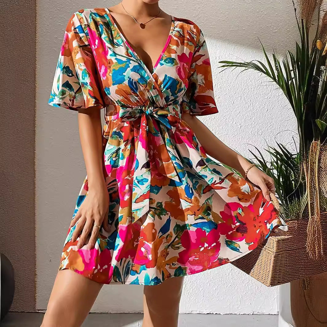 Summer Elegant Lady Floral Print Cross Collar Belt Dress