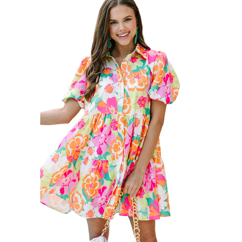 Vestido de verano con estampado Floral y mangas abullonadas, bonito vestido hasta la rodilla para mujer