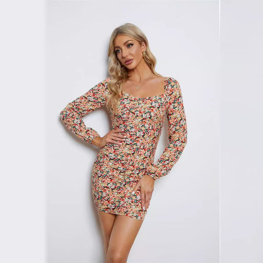 Printemps populaire sexy hanche florale col carré robe à manches longues