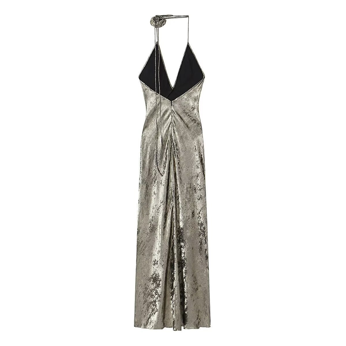 【MOQ-5 packs】 Women Clothing French Metal Foil Slim Fit Backless Floral Halter Dress