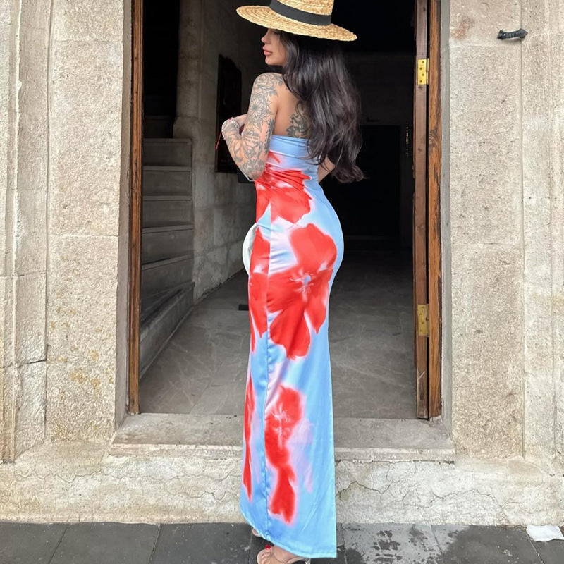 Ropa de mujer Vestido largo con abertura en la cintura alta y corte entallado con estampado floral y top de tubo de verano