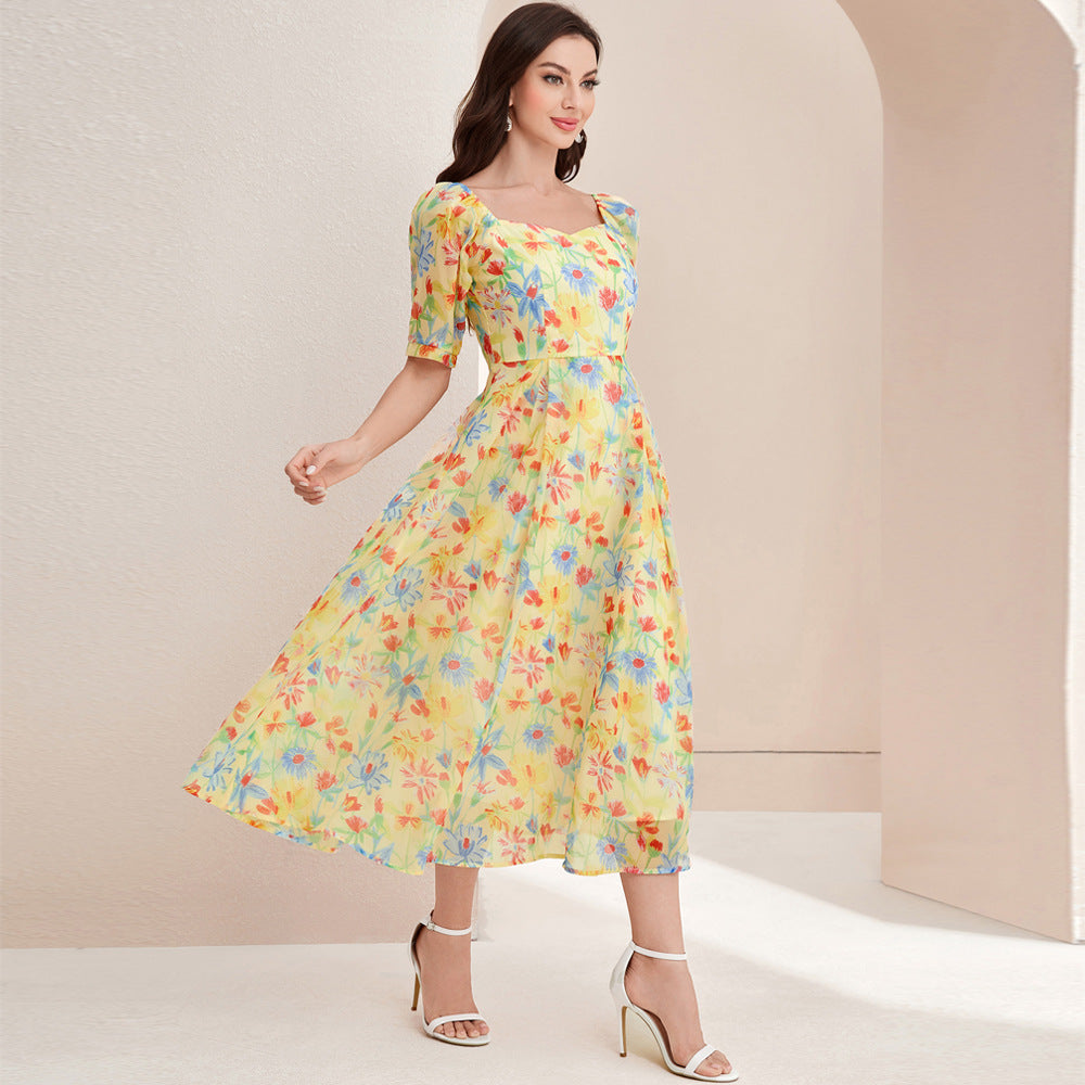 Robe d'été élégante à taille haute et col carré pour femme