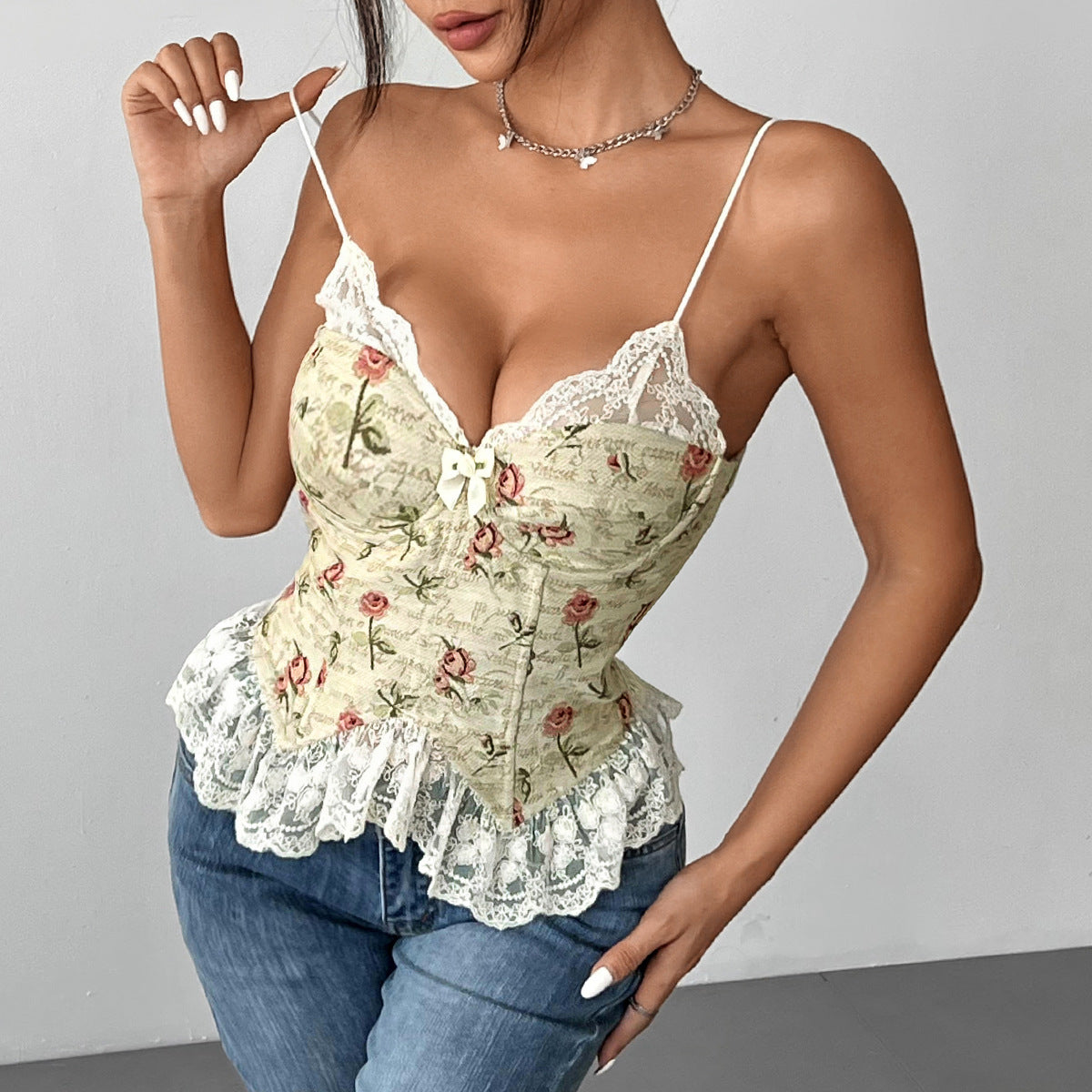 Women Clothing Vintage Jacquard Niche Stitching Sexy Lace Lace Spaghetti Strap Vest