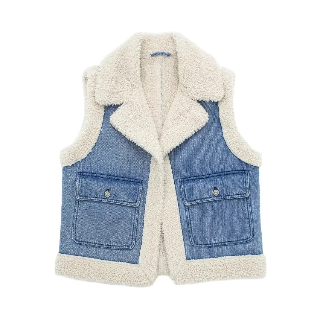 Autumn Winter Women Clothing Classic Air Outlet Pocket Decoration Collared Double Sided Short Vest