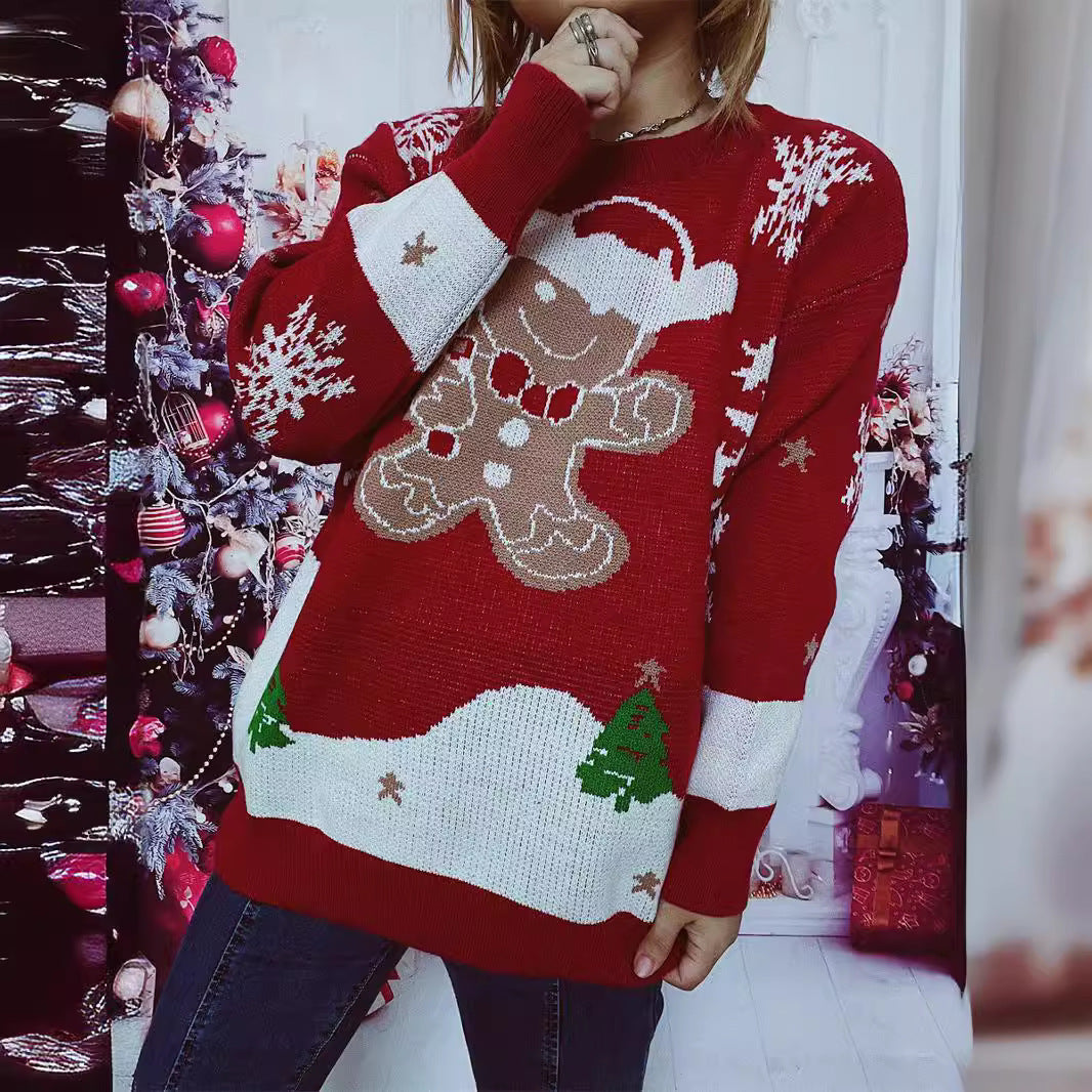 Christmas Sweater Cute Snowman Pattern round Neck Long Sleeve Knitted Pullover Year Sweater