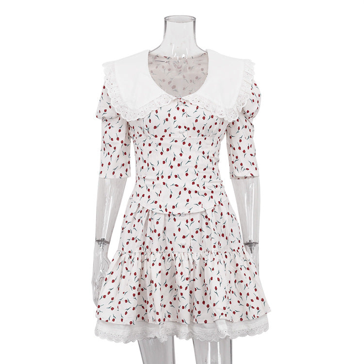 Summer Peter Pan Collar Short Sleeve Floral Dress Graceful Fashionable Tight Waist Petti dress