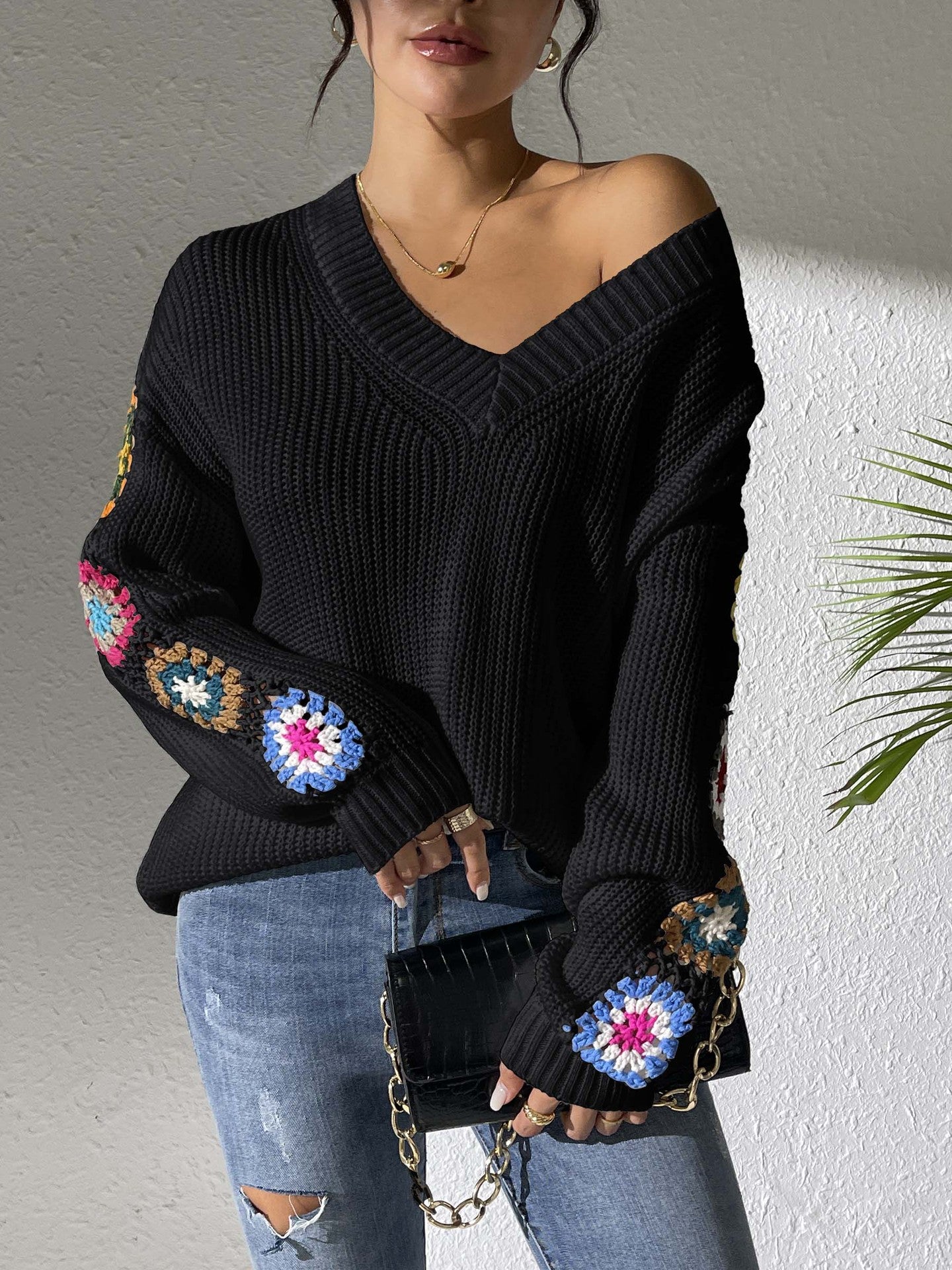 Pull à col en V pour femme, vêtements de couleurs mélangées aléatoires, crochet à main, couture florale, automne et hiver